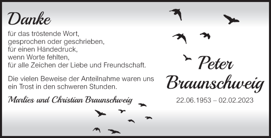 Traueranzeige von Peter Braunschweig von Volksstimme Burg/Genthin
