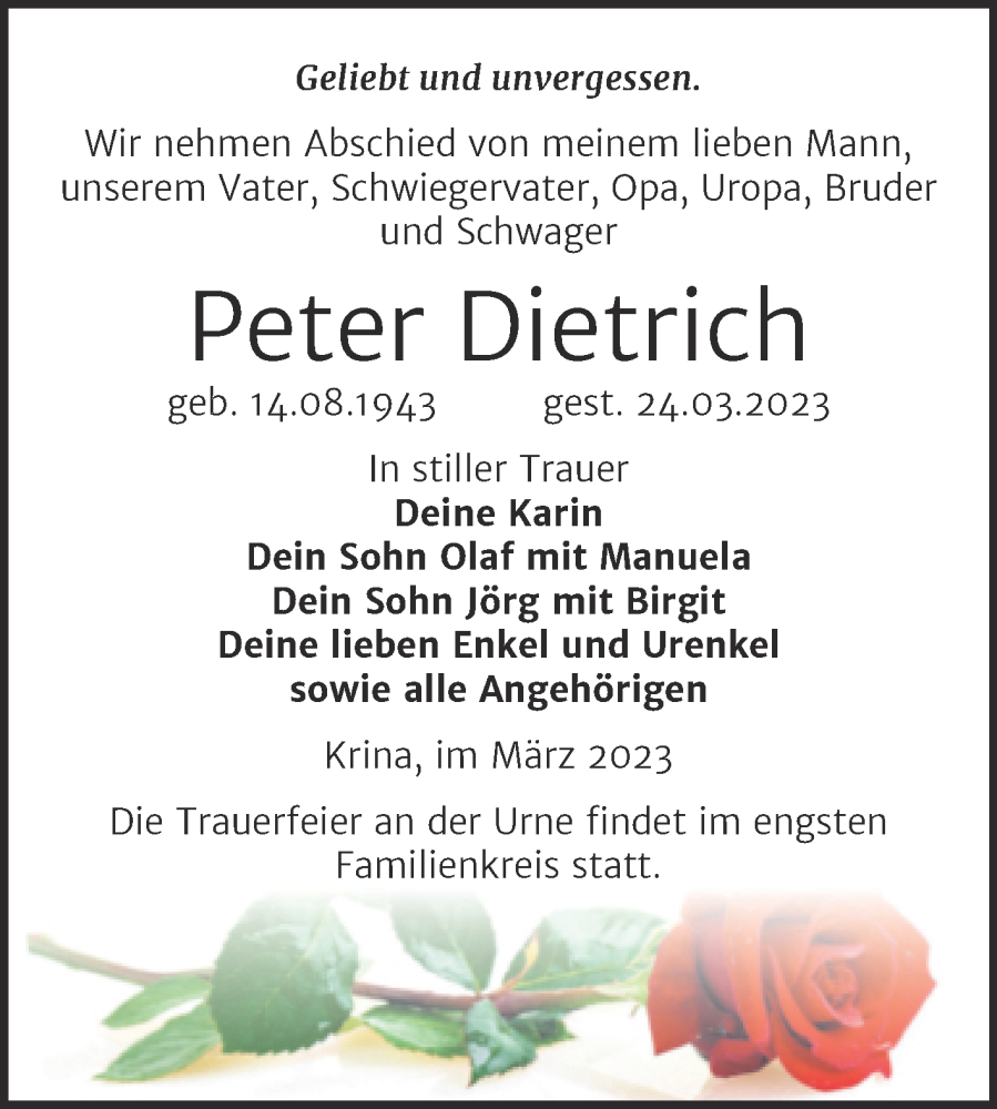  Traueranzeige für Peter Dietrich vom 01.04.2023 aus Trauerkombi Bitterfeld