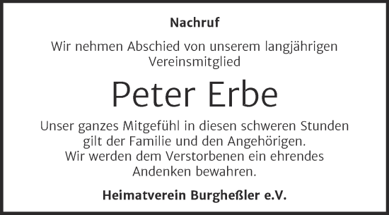 Traueranzeige von Peter Erbe von Wochenspiegel Naumburg/Nebra