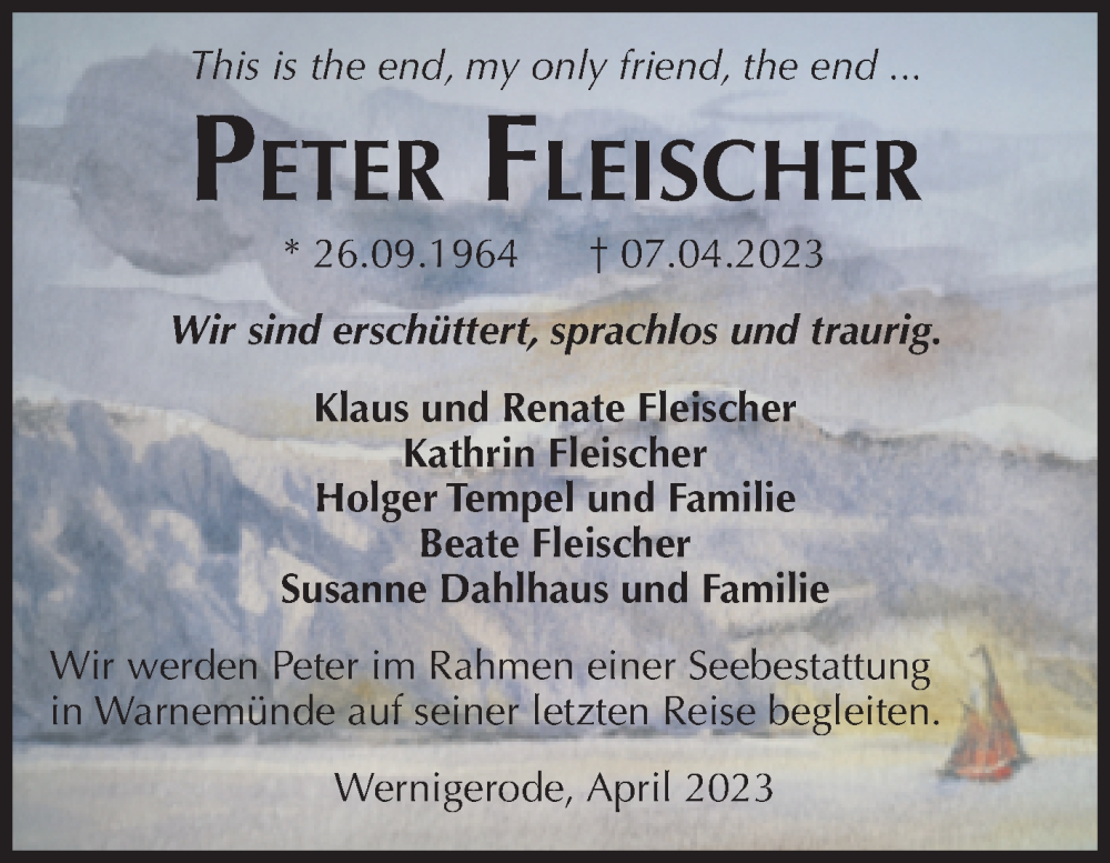  Traueranzeige für Peter Fleischer vom 22.04.2023 aus Volksstimme Wernigerode