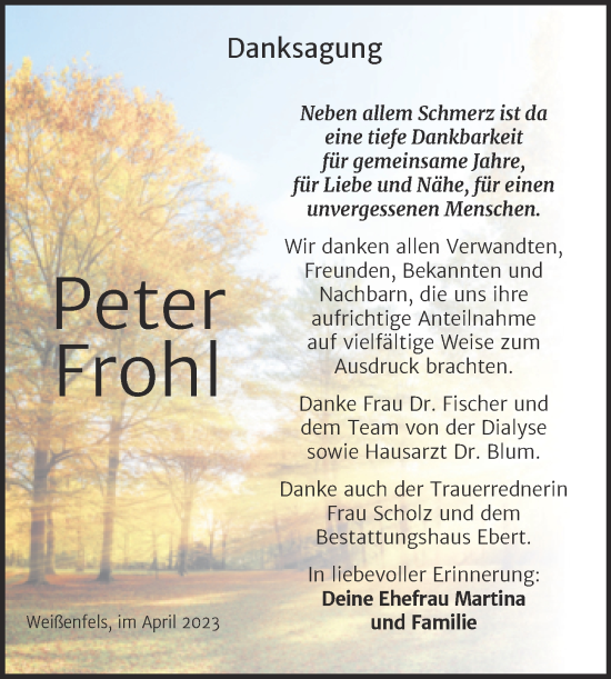 Traueranzeige von Peter Frohl von Trauerkombi Weißenfels