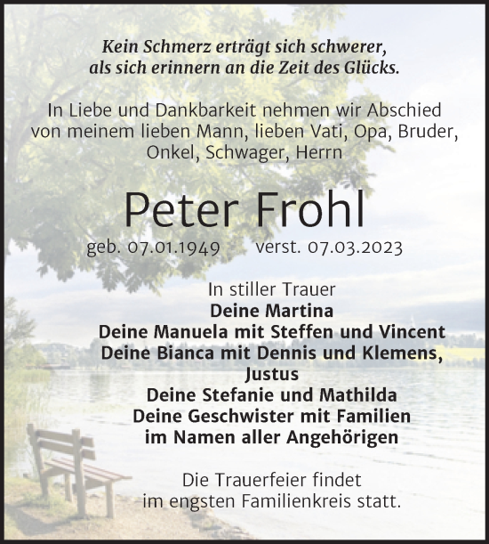 Traueranzeige von Peter Frohl von Trauerkombi Weißenfels