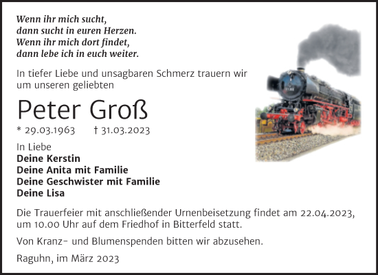 Traueranzeige von Peter Groß von Trauerkombi Bitterfeld