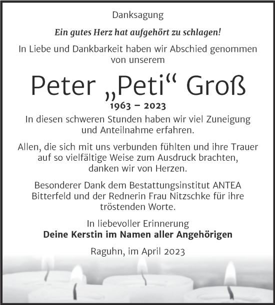 Traueranzeige von Peter Groß von Trauerkombi Bitterfeld