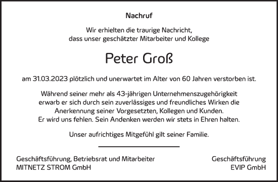 Traueranzeige von Peter Groß von Mitteldeutsche Zeitung Bitterfeld