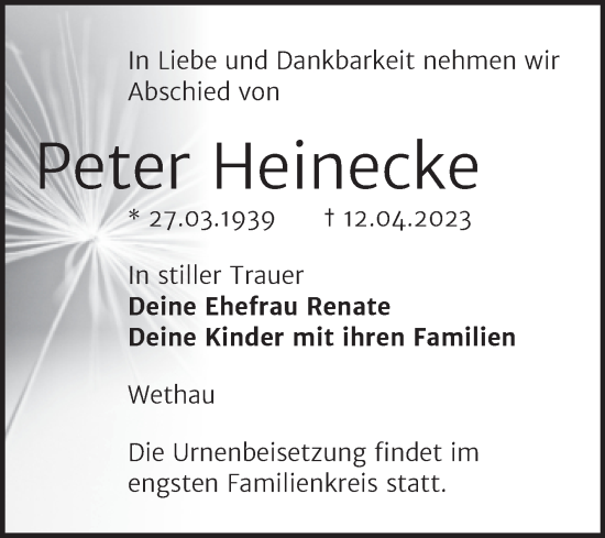 Traueranzeige von Peter Heinecke von Wochenspiegel Naumburg/Nebra