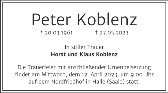 Traueranzeige von Peter Koblenz von Mitteldeutsche Zeitung Halle/Saalkreis
