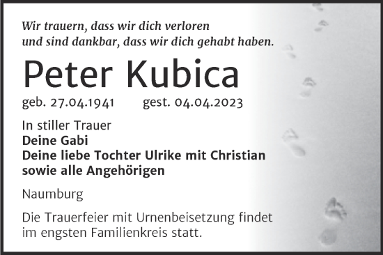 Traueranzeige von Peter Kubica von Wochenspiegel Naumburg/Nebra