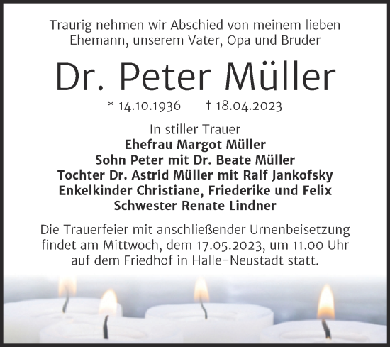 Traueranzeige von Peter Müller von Mitteldeutsche Zeitung Halle/Saalkreis
