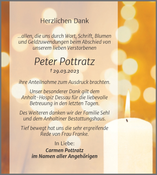 Traueranzeige von Peter Pottratz von Trauerkombi Dessau