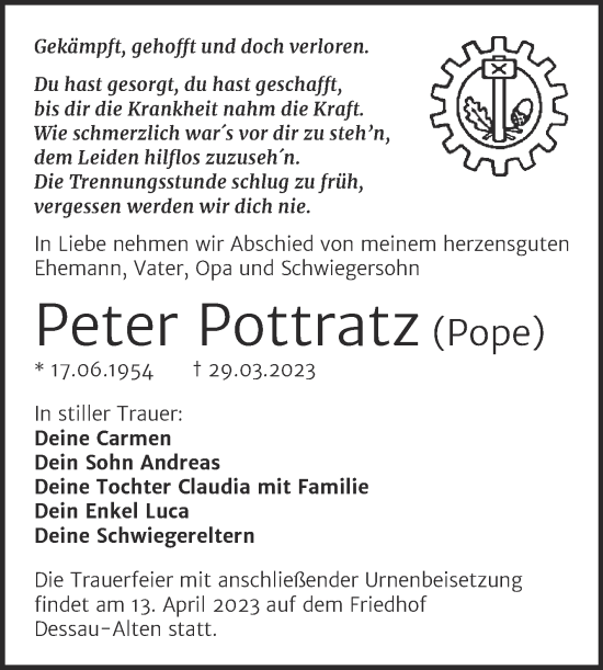 Traueranzeige von Peter Pottratz von Trauerkombi Dessau