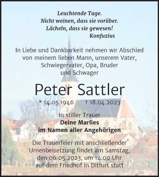 Traueranzeige von Peter Sattler von Trauerkombi Quedlinburg
