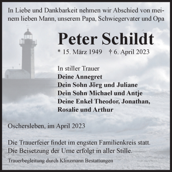 Traueranzeige von Peter Schildt von Volksstimme Oschersleben/Wanzleben