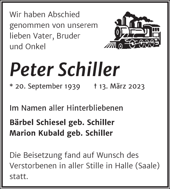Traueranzeige von Peter Schiller von Mitteldeutsche Zeitung Halle/Saalkreis