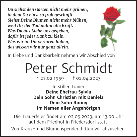 Traueranzeige von Peter Schmidt von Trauerkombi Bitterfeld