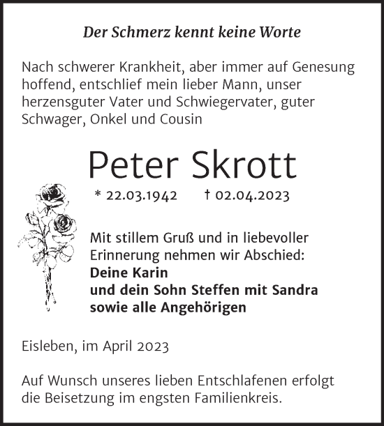 Traueranzeige von Peter Skrott von Trauerkombi Mansfelder Land