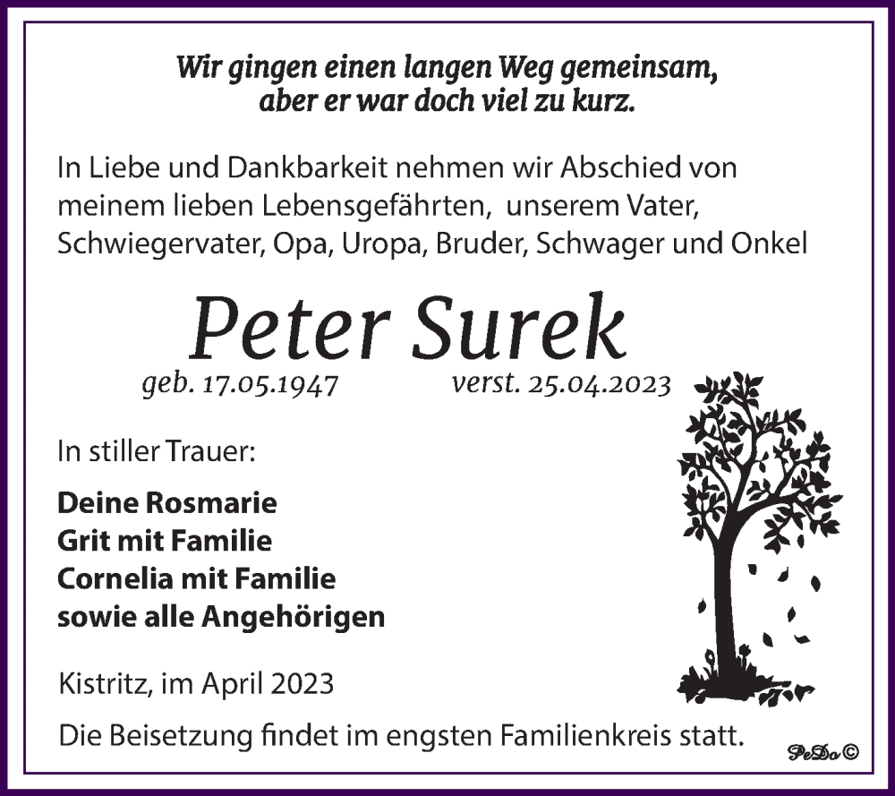  Traueranzeige für Peter Surek vom 29.04.2023 aus Trauerkombi Weißenfels