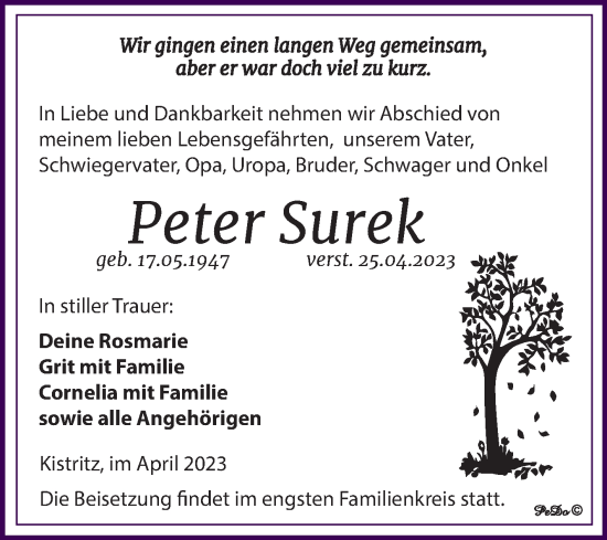 Traueranzeige von Peter Surek von Trauerkombi Weißenfels