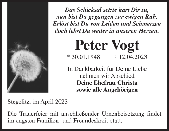 Traueranzeige von Peter Vogt von Volksstimme Burg/Genthin