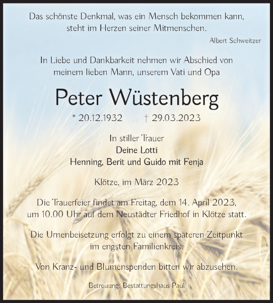 Traueranzeige von Peter Wüstenberg von Volksstimme Altmark West