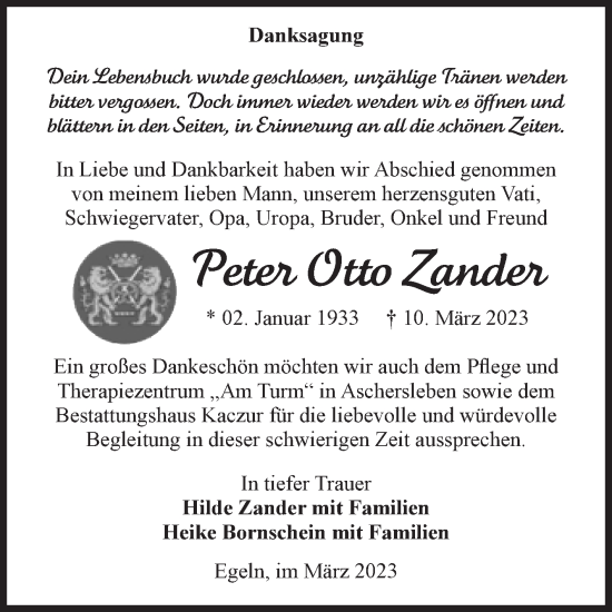 Traueranzeige von Peter Otto Zander von Volksstimme Staßfurt