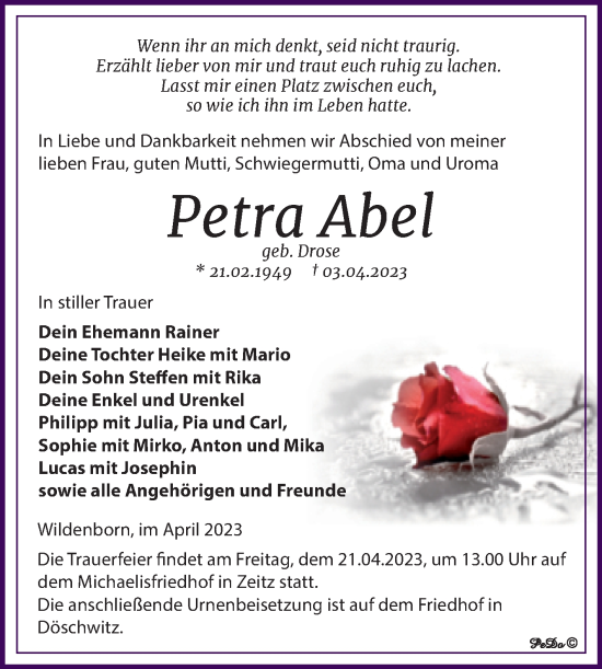 Traueranzeige von Petra Abel von Trauerkombi Zeitz