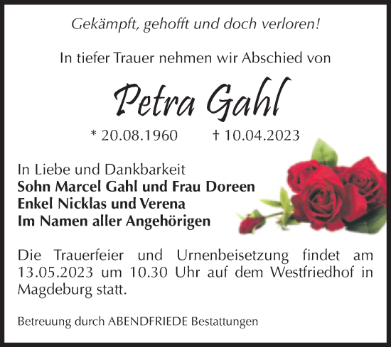 Traueranzeige von Petra Gahl von Volksstimme Magdeburg