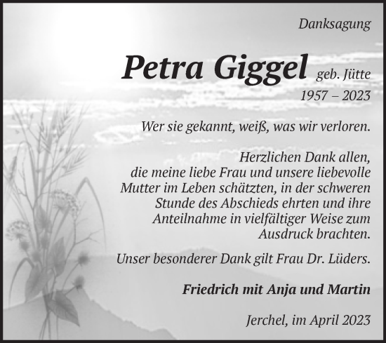 Traueranzeige von Petra Giggel von Volksstimme Altmark West