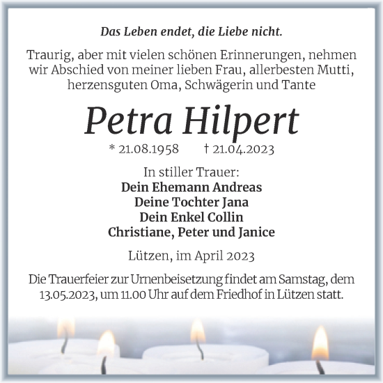 Traueranzeige von Petra Hilpert von Trauerkombi Weißenfels