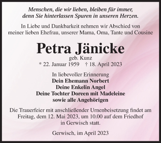 Traueranzeige von Petra Jänicke von Volksstimme Burg/Genthin
