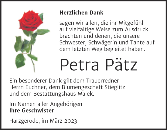 Traueranzeige von Petra Pätz von Trauerkombi Quedlinburg