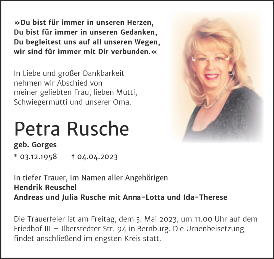 Traueranzeige von Petra Rusche von Trauerkombi Bernburg