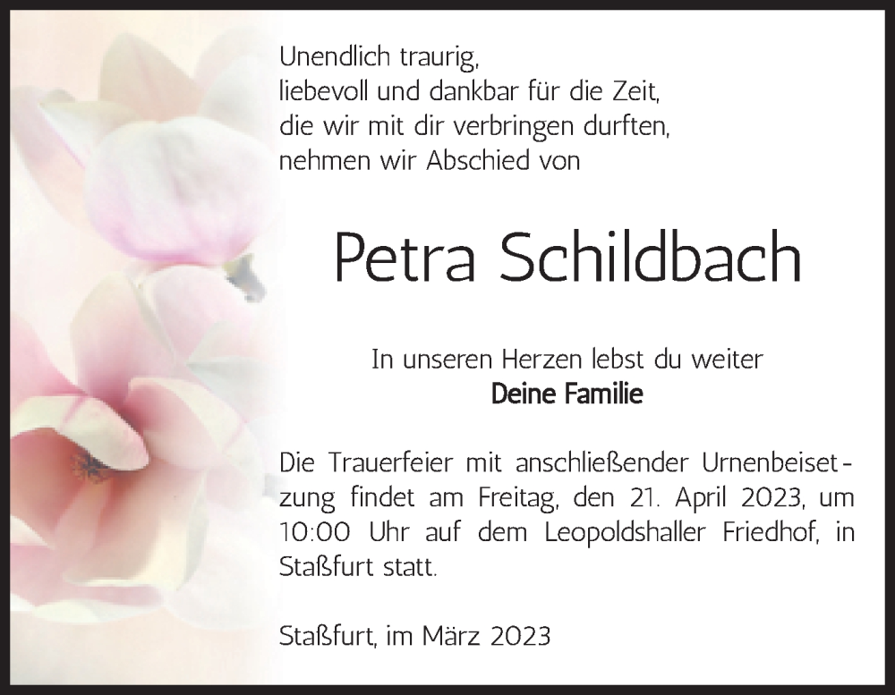  Traueranzeige für Petra Schildbach vom 08.04.2023 aus Volksstimme Staßfurt
