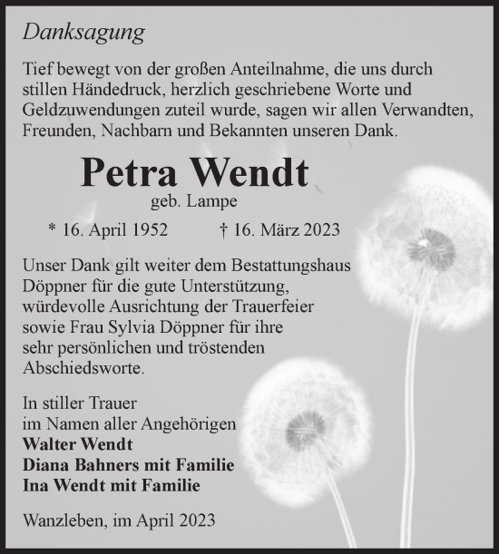 Traueranzeige von Petra Wendt von Volksstimme Oschersleben/Wanzleben