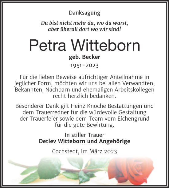 Traueranzeige von Petra Witteborn von Magdeburger Volksstimme