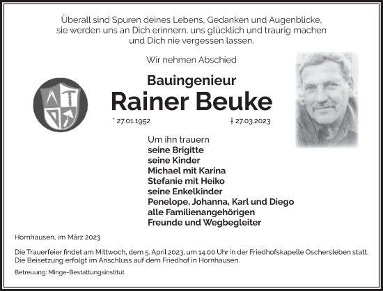 Traueranzeige von Rainer Beuke von Volksstimme Oschersleben/Wanzleben