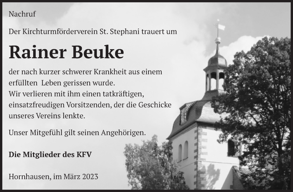  Traueranzeige für Rainer Beuke vom 01.04.2023 aus Volksstimme Oschersleben/Wanzleben