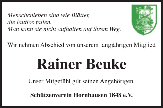 Traueranzeige von Rainer Beuke von Volksstimme Oschersleben/Wanzleben