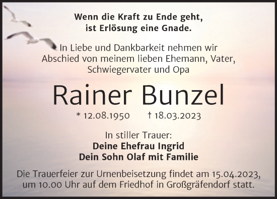 Traueranzeige von Rainer Bunzel von Trauerkombi Merseburg