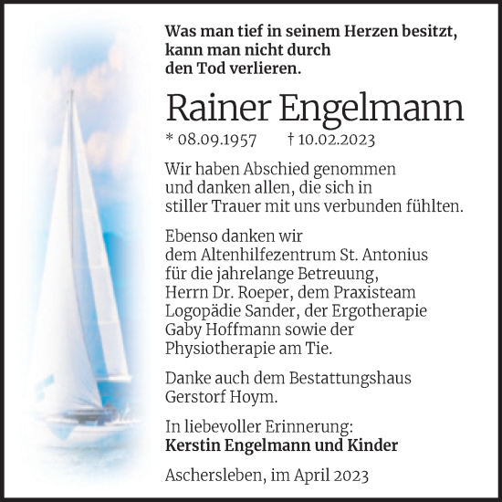 Traueranzeige von Rainer Engelmann von Trauerkombi Aschersleben