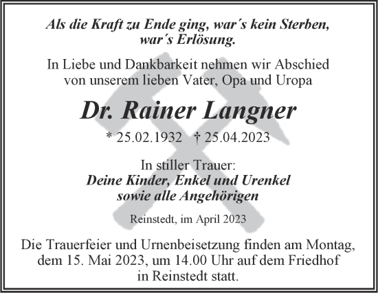 Traueranzeige von Rainer Langner von Trauerkombi Mansfelder Land