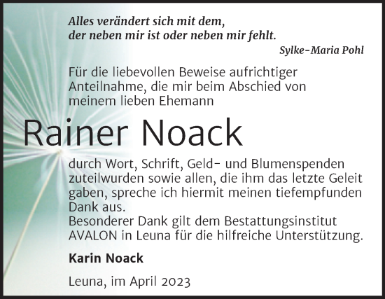 Traueranzeige von Rainer Noack von Trauerkombi Merseburg