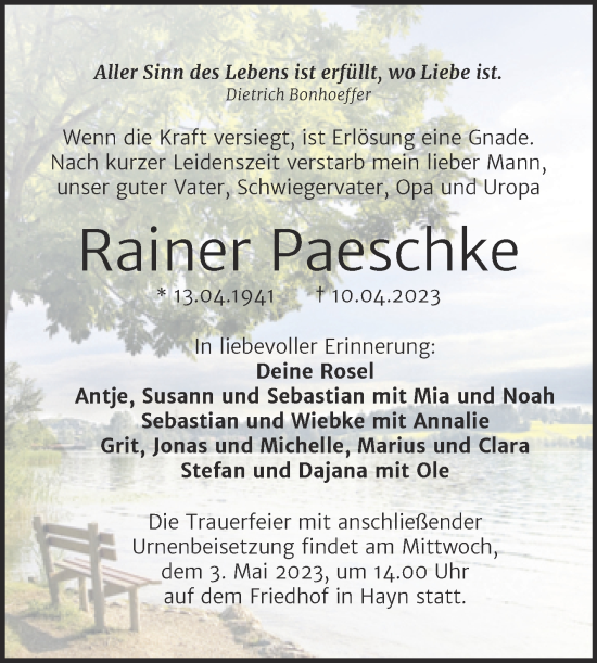 Traueranzeige von Rainer Paeschke von Trauerkombi Sangerhausen
