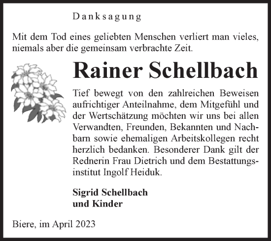 Traueranzeige von Rainer Schellbach von Volksstimme Schönebeck