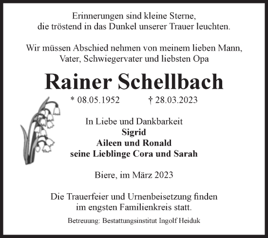 Traueranzeige von Rainer Schellbach von Volksstimme Schönebeck