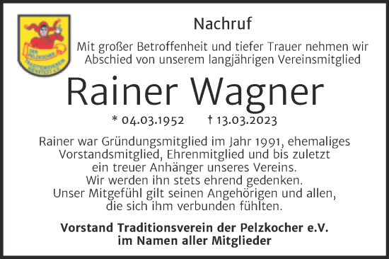 Traueranzeige von Rainer Wagner von Super Sonntag Sangerhausen