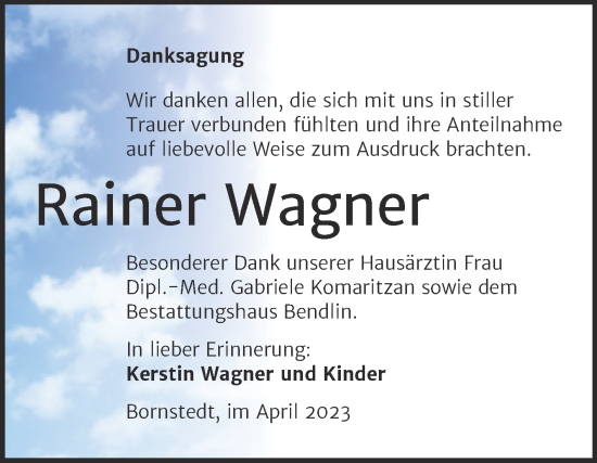 Traueranzeige von Rainer Wagner von Trauerkombi Mansfelder Land