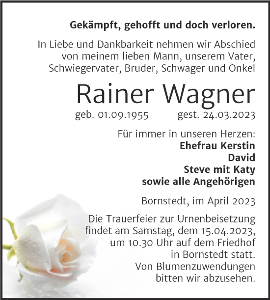 Traueranzeige von Rainer Wagner von Trauerkombi Mansfelder Land