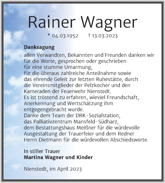 Traueranzeige von Rainer Wagner von Trauerkombi Sangerhausen