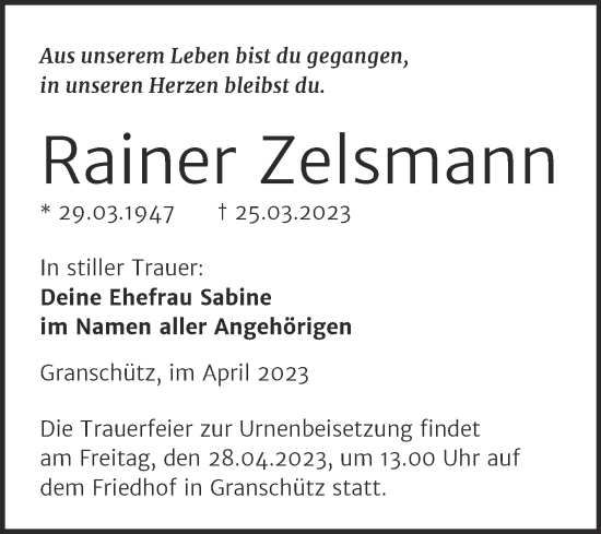 Traueranzeige von Rainer Zelsmann von Trauerkombi Weißenfels
